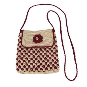 Vintage Late 1970s Macramé Cord Purse Cream & Burgundy Boho Crochet Shoulder Bag